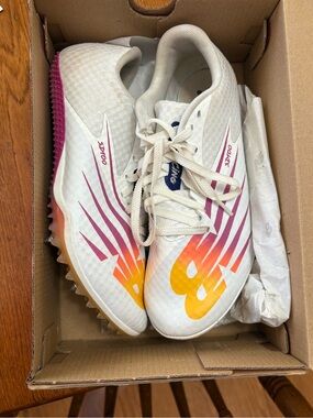 New Balance Women’s White Track Spikes with Pink and Yellow Gradient Accents